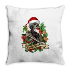Merry Christmas Skeleton With Black Cat Throw Pillow