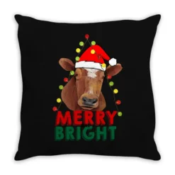 Merry And Bright Cow With Christmas Lights Throw Pillow
