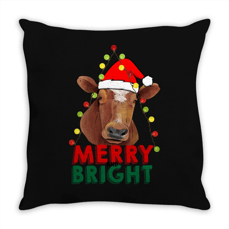 Merry And Bright Cow With Christmas Lights Throw Pillow 1 Merry And Bright Cow With Christmas Lights Throw Pillow
