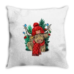 Red Christmas Long Haired Cow Throw Pillow