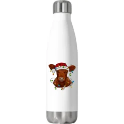 Christmas Baby Red Angus Calf With Lights Stainless Steel Water Bottle