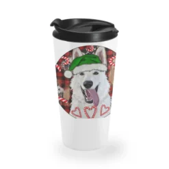 Christmas White Shepherd With Buffalo Plaid Travel Mug