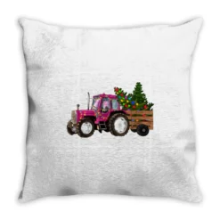 Pink Christmas Farm Tractor Throw Pillow