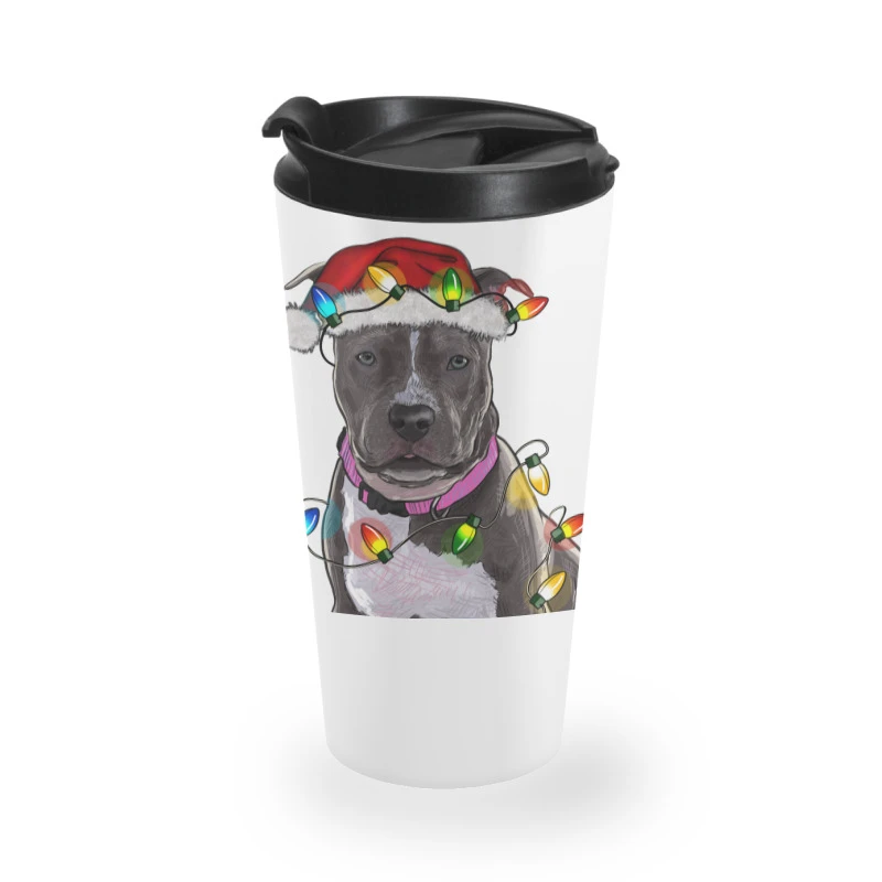 Pitbull With Christmas Lights Travel Mug 1 Pitbull With Christmas Lights Travel Mug