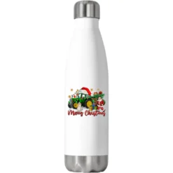 Christmas Green Tractor With Santa And Snowman Stainless Steel Water Bottle