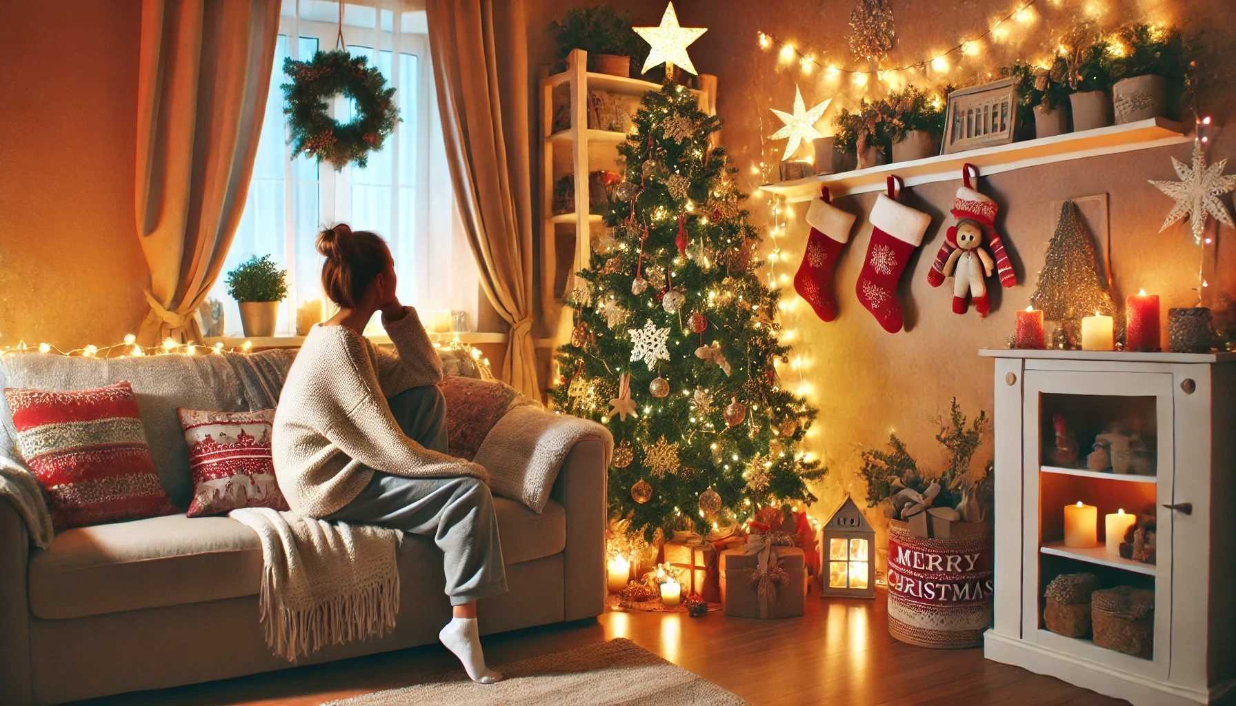 House Garden Shop -House Garden Shop Cozy living room decorated for Christmas with a person admiring their holiday decorations and beautifully decorated Christmas tree